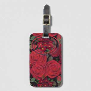 Etiqueta De Bagagem Rosas vermelhas de aquarela em preto