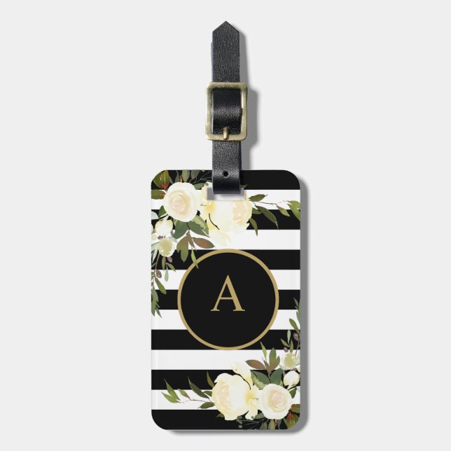 Etiqueta De Bagagem ROSES BRANCOS Dourados Monograma Branco Preto Stri (Frente Vertical)