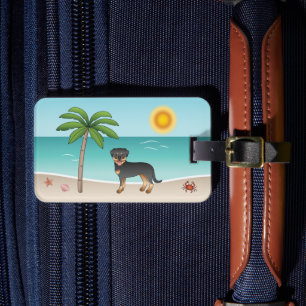 Etiqueta De Bagagem Rottweiler Black & Tan em uma praia tropical de ve