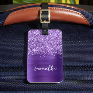 Etiqueta De Bagagem Roxo ametista cintilante nome glam script