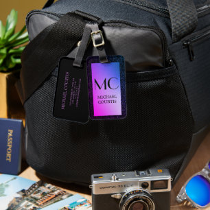 Etiqueta De Bagagem Roxo Elegante e nome metálico preto Monograma