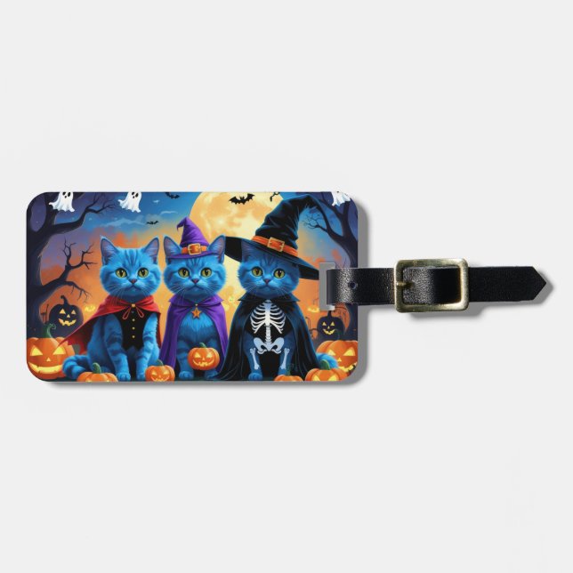 Etiqueta De Bagagem Russo Blue Cats Pumpkin Halloween Engraçado (Frente Horizontal)