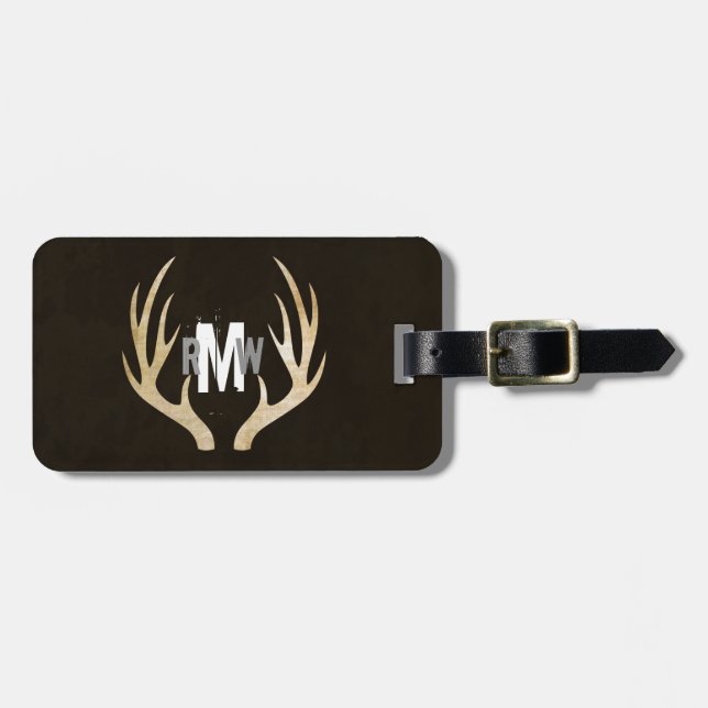 Etiqueta de Bagagem Rustic Deer Antler Monograma | (Frente Horizontal)