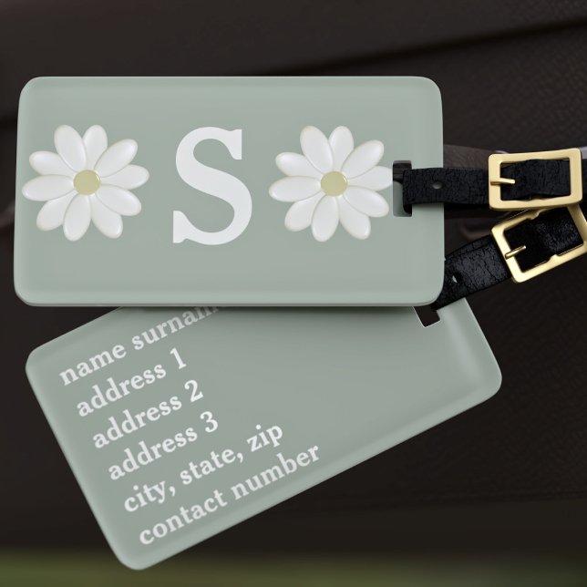 Etiqueta De Bagagem Sage Green Daisy Monogramas (Sage Green Daisy Monogrammed Luggage Tag just for you)