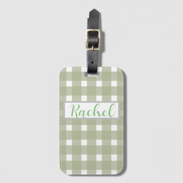 Etiqueta De Bagagem Sage Green White Gingham Personalizado (Frente Vertical)