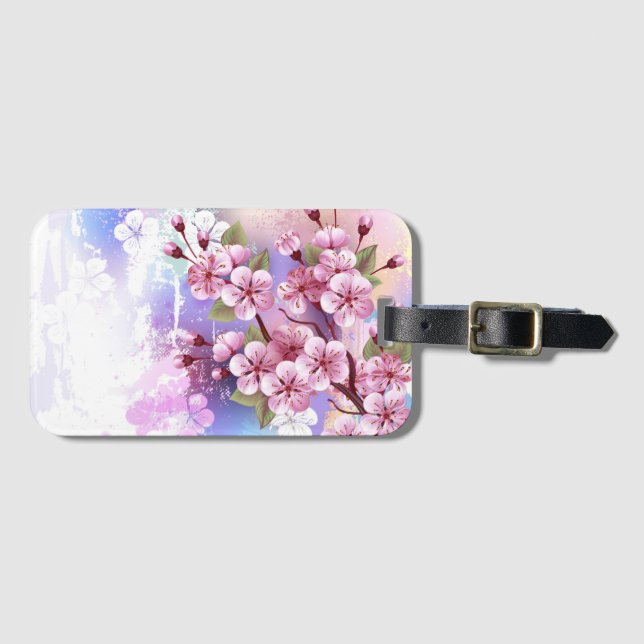 Etiqueta De Bagagem Sakura rosa no fundo da pintura (Frente Horizontal)