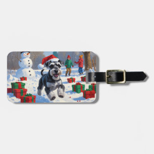 Etiqueta De Bagagem Schnauzer Correndo na Neve com Chapéu de Natal