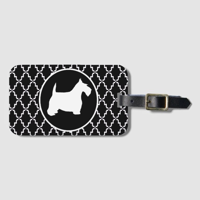 Etiqueta De Bagagem Scottish Terrier Quatrefoil preto e branco (Frente Horizontal)