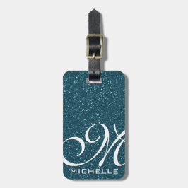 Etiqueta De Bagagem Script Azul Glitzy Monograma
