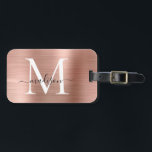 Etiqueta De Bagagem Script de Monograma de Metal Brutado com Rosa Dour<br><div class="desc">Rosa Rosa Rosa Rosa Dourada,  Bruta,  Script Metálico Monograma Saco de Cueca</div>