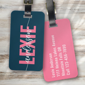 Etiqueta De Bagagem Script de Monograma Rosa Azul Personalizado