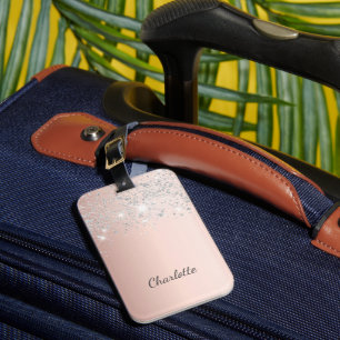 Etiqueta De Bagagem script do nome do monograma da brilho prateado ros