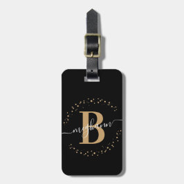 Etiqueta De Bagagem Script Monograma de Nome Dourado Negro Girly Elega