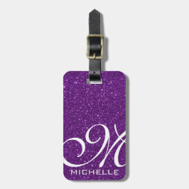 Etiqueta De Bagagem Script Roxo Glitzy Monograma