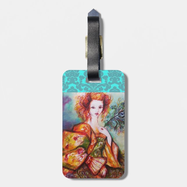 ETIQUETA DE BAGAGEM SENHORA ROMÂNTICA COM PEACOCK PENA MONOGRAMA (Traseira Vertical)