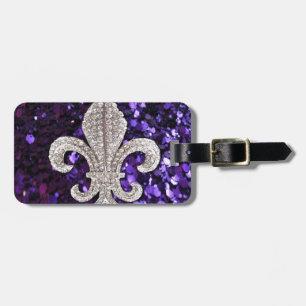 Etiqueta De Bagagem Sequins da flor de lis da jóia da faísca roxos
