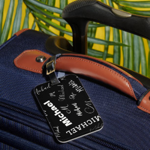 Etiqueta De Bagagem Seu nome e monograma padrão personalizado preto