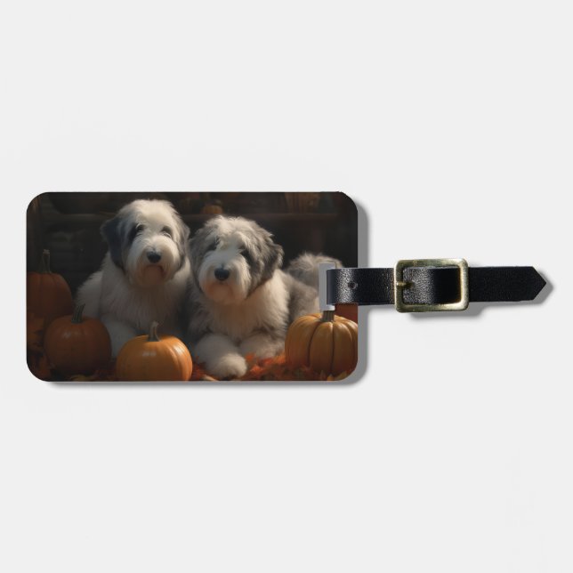 Etiqueta De Bagagem Sheepdog Inglês Puppy Autumn Delight Pumpkin (Frente Horizontal)