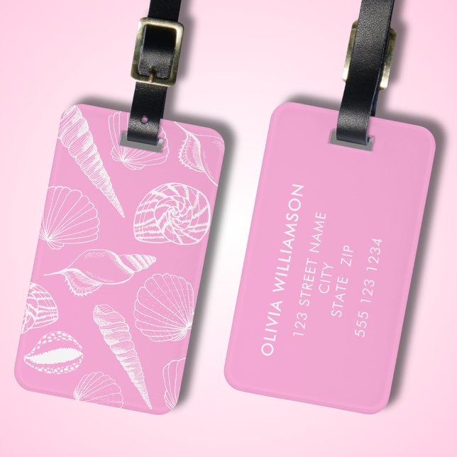 Etiqueta De Bagagem Shell do Mar Rosa Ilustrado (Pink sea shell illustrated luggage tag with personalized address details to rear.  )