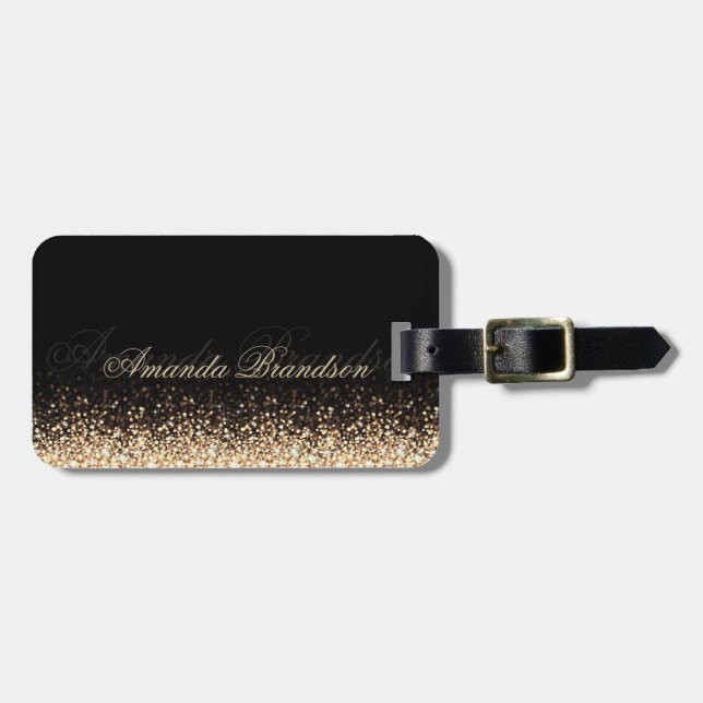 Etiqueta De Bagagem Shimmering Dourado Glitter Na moda preto de bagage (Frente Horizontal)