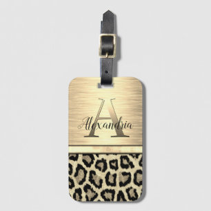 Etiqueta De Bagagem Shimmery Dourado Monograma Leopard