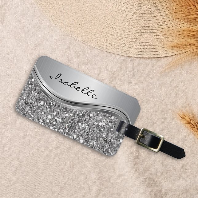 Etiqueta De Bagagem Silver Faux Glitter Glam Bling Personalizado Metal (Criador carregado)
