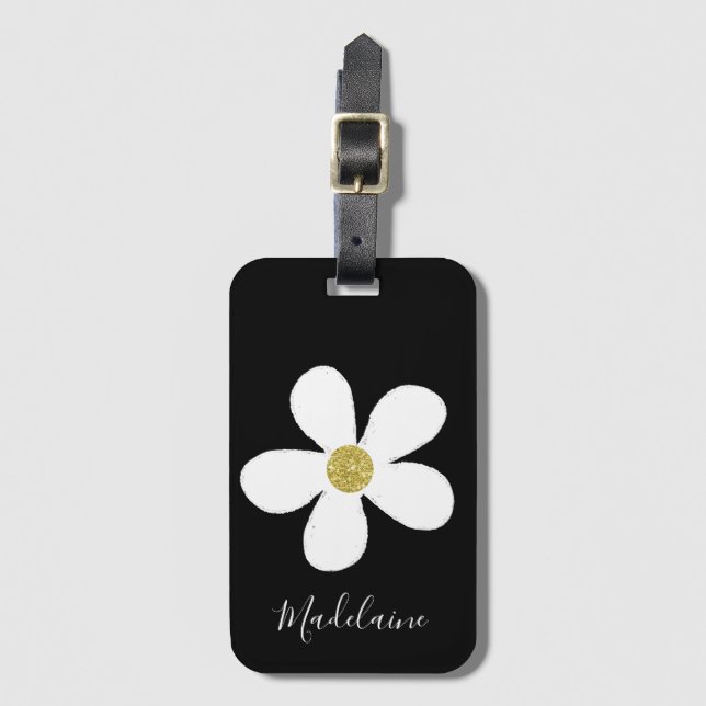 Etiqueta De Bagagem Simples Black White Daisy Dourado Personal Viagem (Frente Vertical)