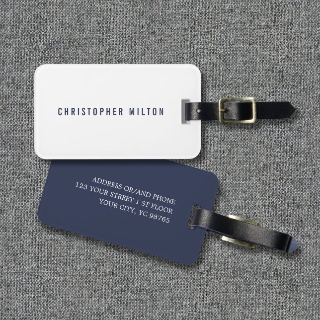 Etiqueta De Bagagem Simples Elegante Branco Azul (Criador carregado)
