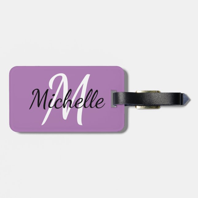 Etiqueta De Bagagem Simples Moderno Monograma Roxo Inicial e Nome (Traseira Horizontal)