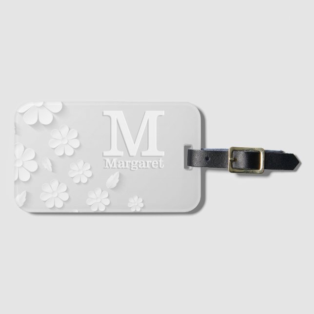 Etiqueta De Bagagem Sinais brancos, florais, gravados, personalizados (Frente Horizontal)
