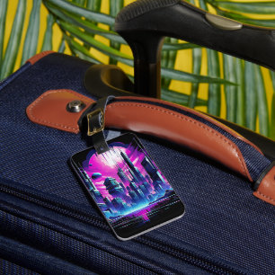 Etiqueta De Bagagem Skyline Neon Futurística CyberScape