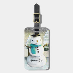 Etiqueta De Bagagem Snowman em cena de inverno