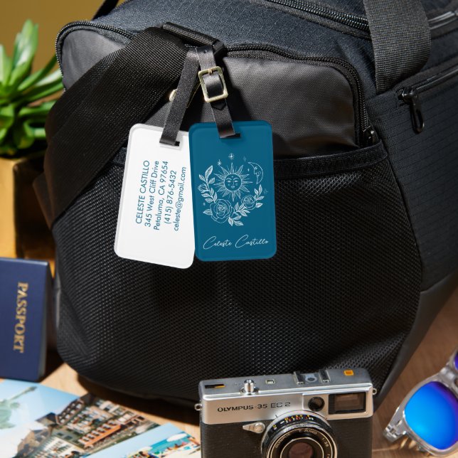 Etiqueta De Bagagem Sol Lua & Rosas Mágico Boho Terroso Personalizado (Frente e verso)