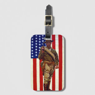 Etiqueta De Bagagem Soldado Patriótico Vintage com Bandeira Americana