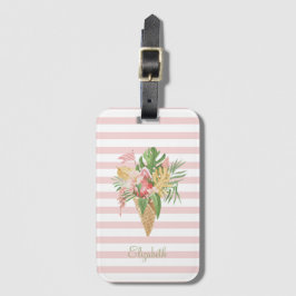 Etiqueta De Bagagem Sorvete, Folhas Tropicais Frutas, Listras Rosa