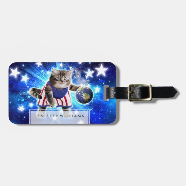Etiqueta De Bagagem Space cat jogando basquetebol (Frente Horizontal)