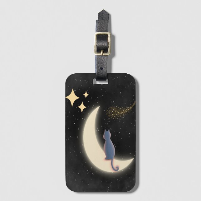 Etiqueta De Bagagem Starry Night Cat e Crescent Moon (Frente Vertical)