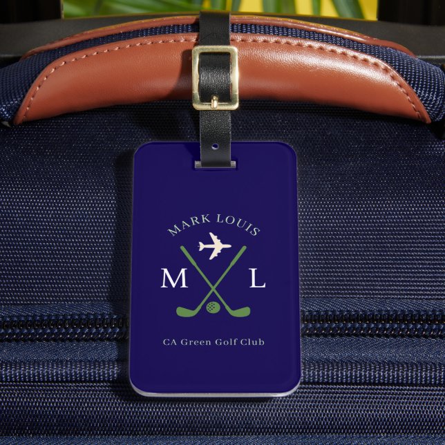 Etiqueta De Bagagem Stylish Golfer Club Travel Monogram Blue (Frente Insitu 2)