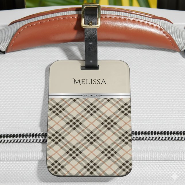 Etiqueta De Bagagem Stylish Trendy Travel Beige Plaid Monogram (Travel with sophistication and ease with this boutique-style luggage tag)