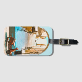 Etiqueta De Bagagem Stylized Teal Mediterranean Coastal Town Archway