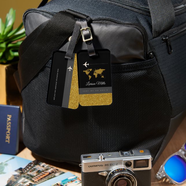 Etiqueta De Bagagem Sua Viagem Chic Moderna Preta (Frente e verso)