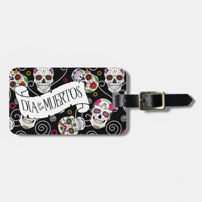 Etiqueta De Bagagem Sugar Skulls and Swirls Black ID725 (Frente Horizontal)