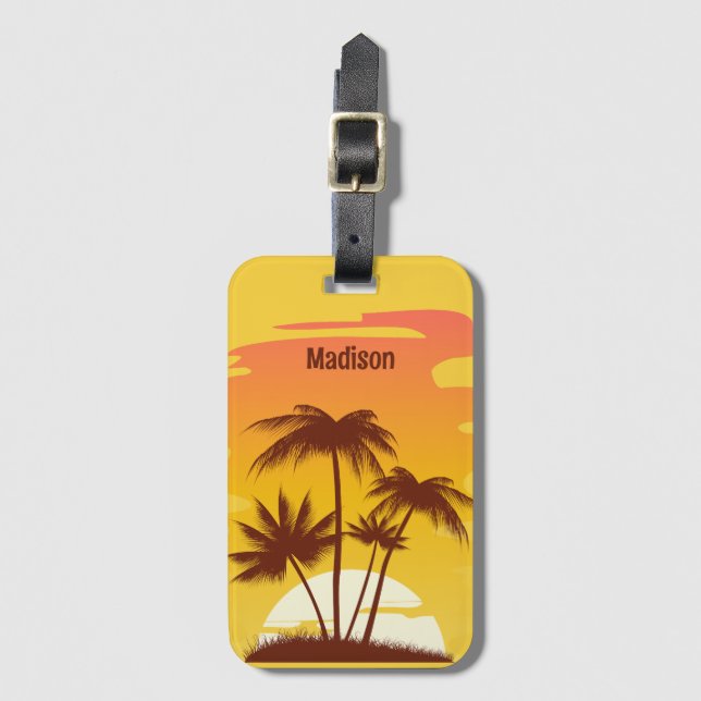 Etiqueta De Bagagem Sunset da Ilha Tropical de Texto Personalizado (Frente Vertical)