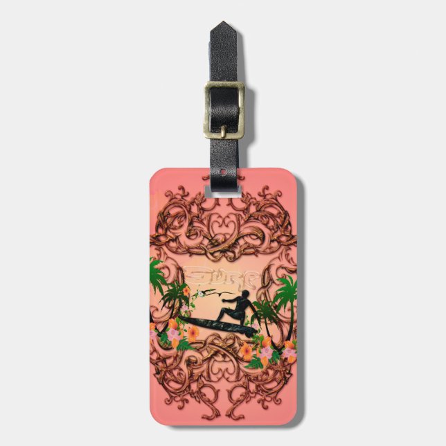 Etiqueta De Bagagem Surf, surfboarder com elemetns florais a (Frente Vertical)