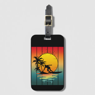 Etiqueta De Bagagem Surfista de surf ao pôr do sol vintage Oceano