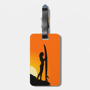 Etiqueta De Bagagem Surfista no pôr do sol. Laranja/Preto