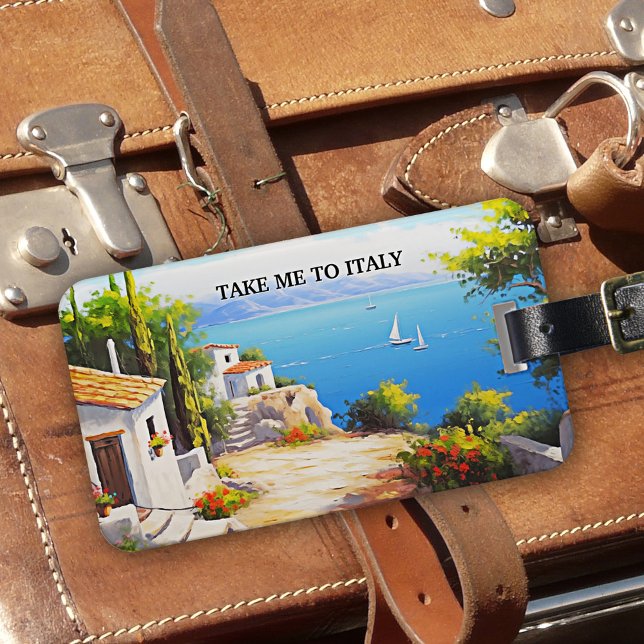 Etiqueta De Bagagem Take Me To Italy Fine Art (Luggage tag with a modern art painting showing a coastal Italian landscape on a beautiful sunny day)