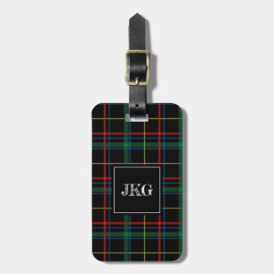 Etiqueta De Bagagem Tartan verde preto moderno Monogrammed da xadrez