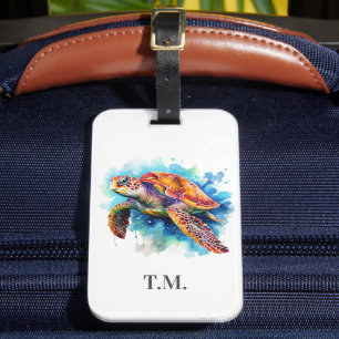 Etiqueta De Bagagem Tartaruga de Aquarela Monogramada