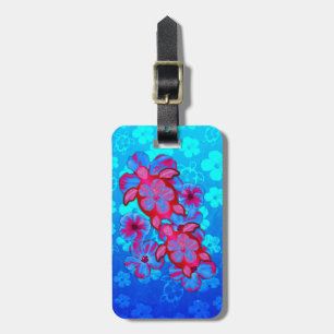 Etiqueta De Bagagem Tartarugas de Honu e flores tropicais do hibiscus